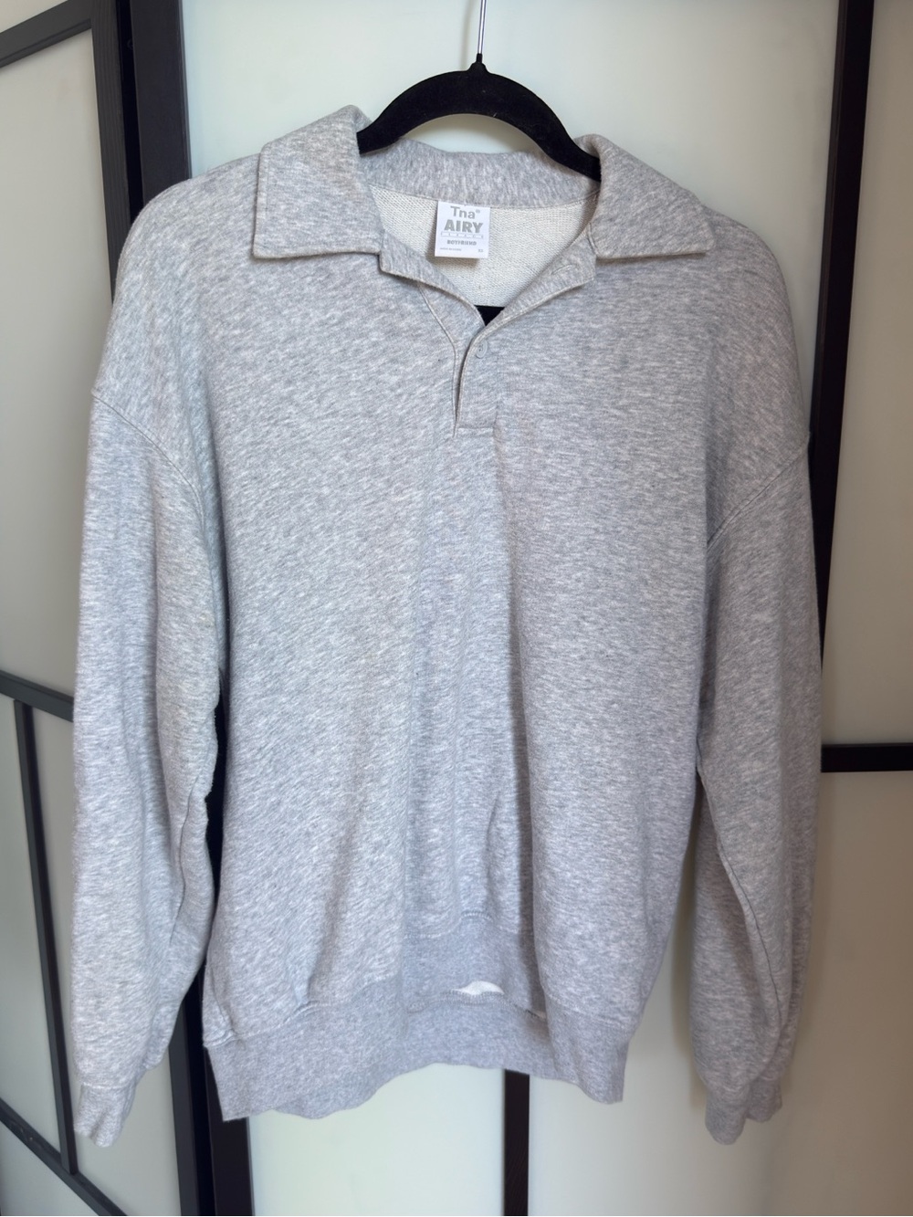 TNA Airy Heather Gray V‑Neck Polo Sweater